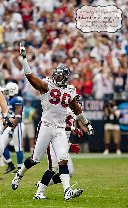 Houston Texans defensive end Mario Williams celebrates after sacking Indianapolis Colts quarterback Peyton Manning for a 7 yard loss in the third quarter of a football game on Sunday afternoon September 12, 2010 at Reliant Stadium in Houston. The Texans defeated the Colts 34-24 in the season opener.