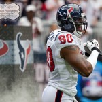 Houston Texans defensive Mario Williams is introduced before a football game against the Indianapolis Colts on Sunday afternoon September 12, 2010 at Reliant Stadium in Houston. The Texans defeated the Colts 34-24 in the season opener.