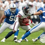 Houston Texans wide receiver Andre Johnson gains 21 yards on a reception in the second quarter of a football game against the Indianapolis Colts on Sunday afternoon September 12, 2010 at Reliant Stadium in Houston. The Texans defeated the Colts 34-24 in the season opener.