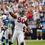 Houston Texans defensive end Mario Williams celebrates after sacking Indianapolis Colts quarterback Peyton Manning for a 7 yard loss in the third quarter of a football game on Sunday afternoon September 12, 2010 at Reliant Stadium in Houston. The Texans defeated the Colts 34-24 in the season opener.