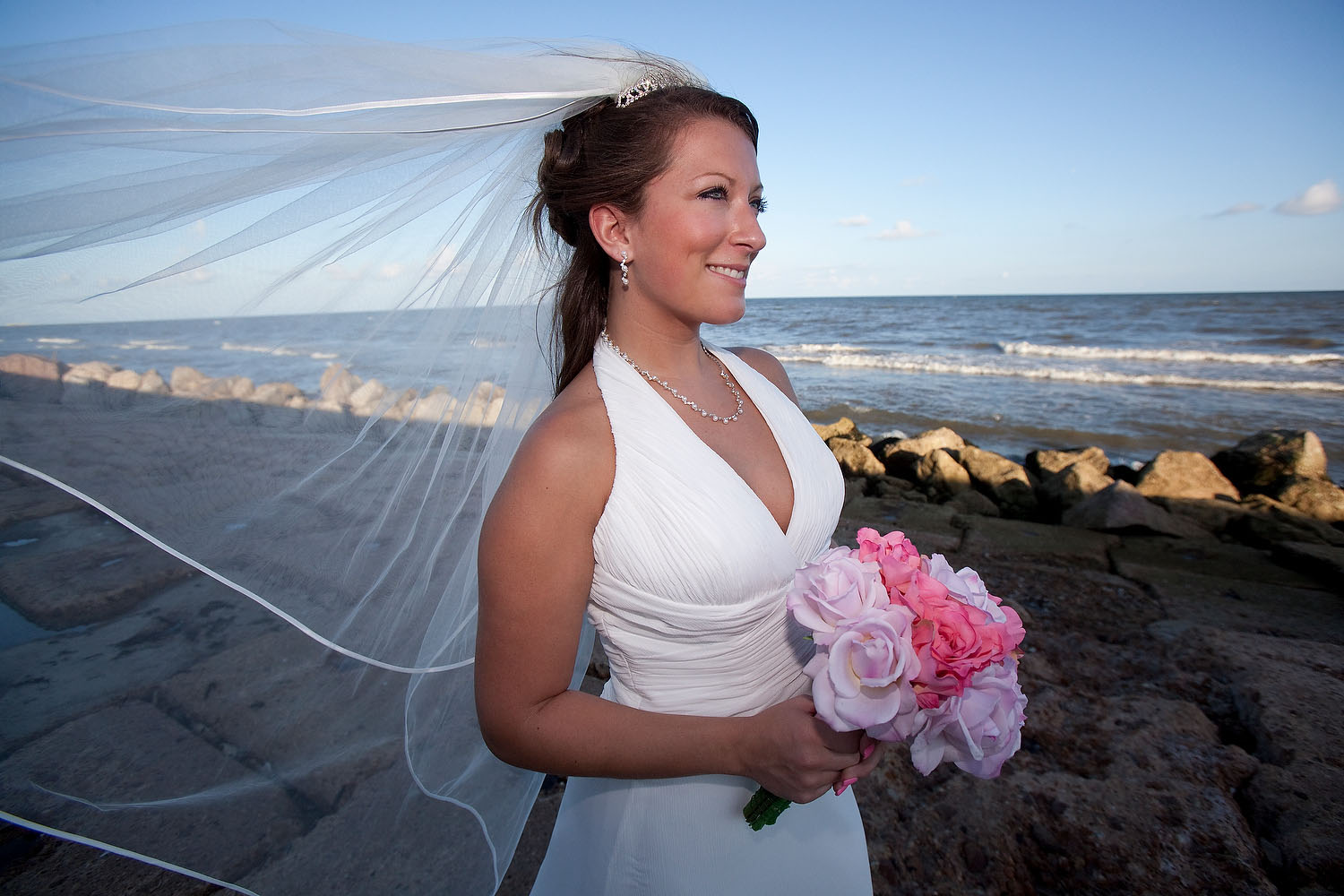 Bridal portraits on the beach in Galveston, Texas.